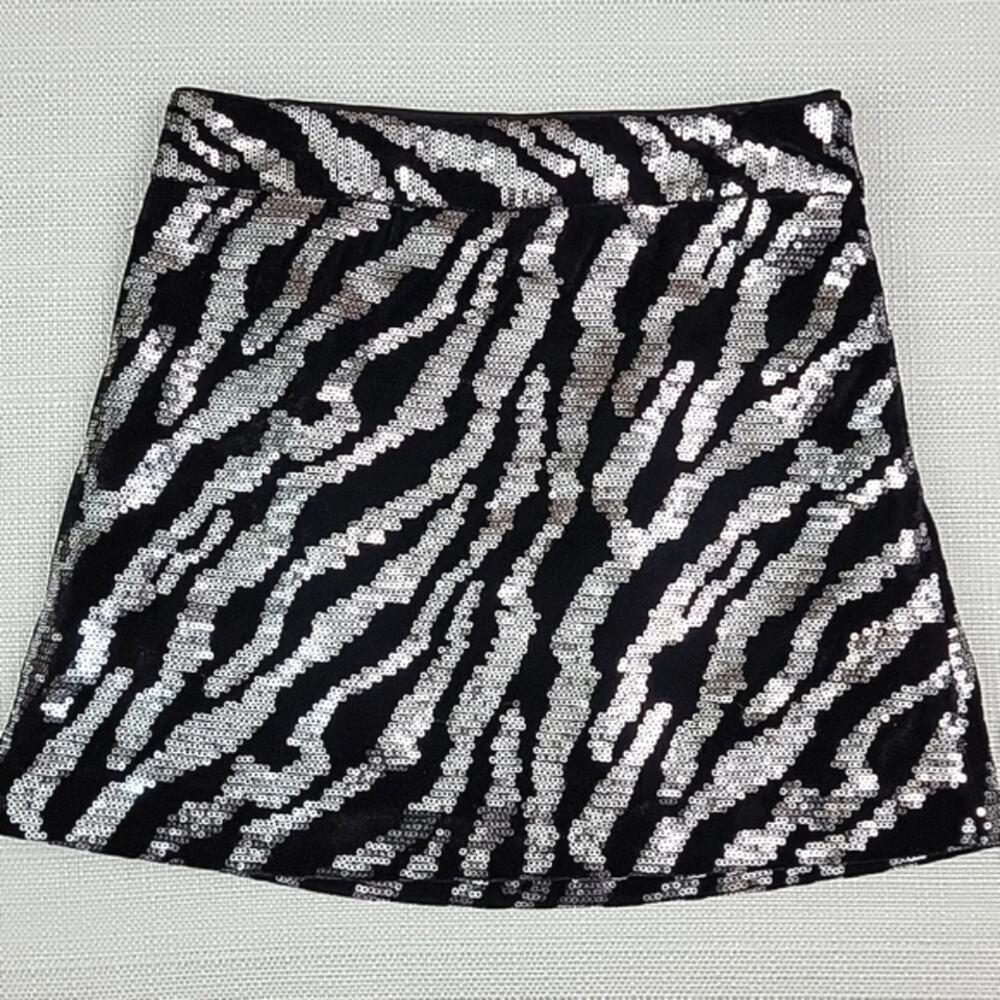 Milly Minis Animal Print Zebra‎ Stripes Silver Sequins Black Velvet Mini Skirt 8